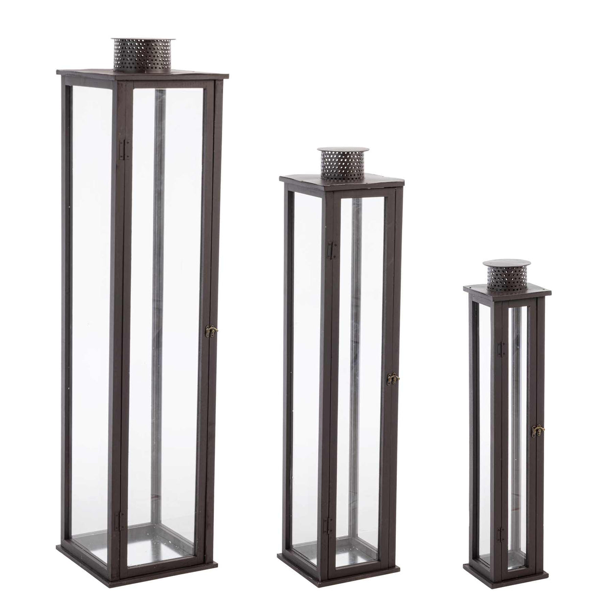 Bizzotto Set of 3 Torsti Lanterns Brown Wood, Glass and Metal