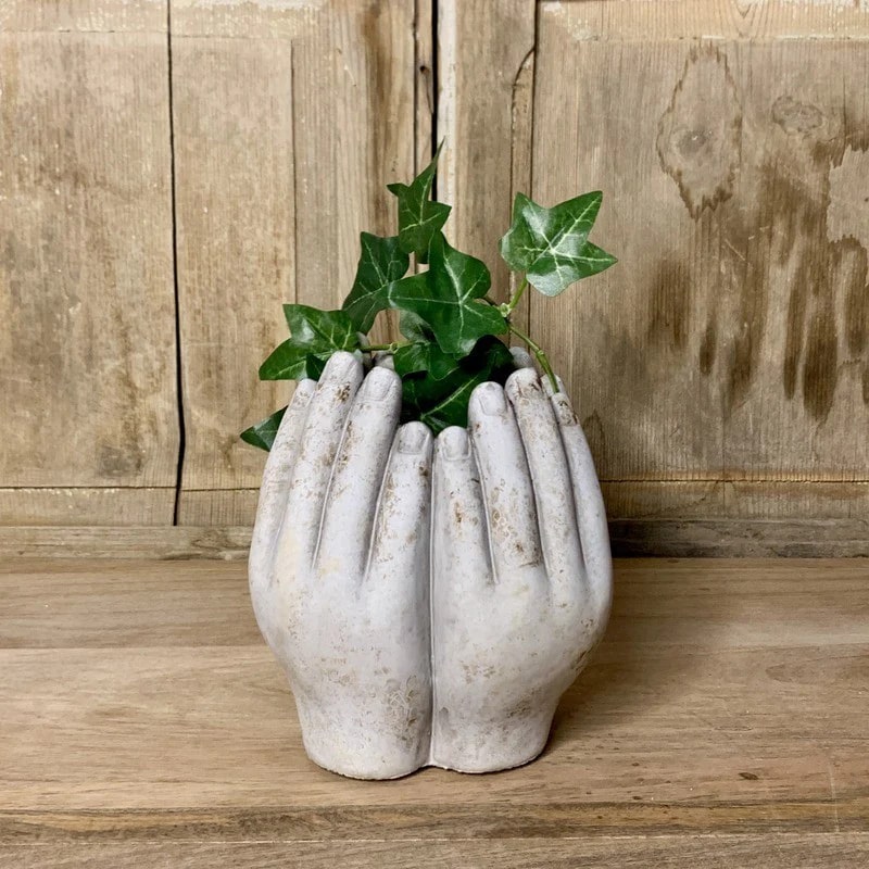 EDG Enzo De Gasperi Cement Vase Hands H 22 Cm D 19 Cm Light Grey Waterproof