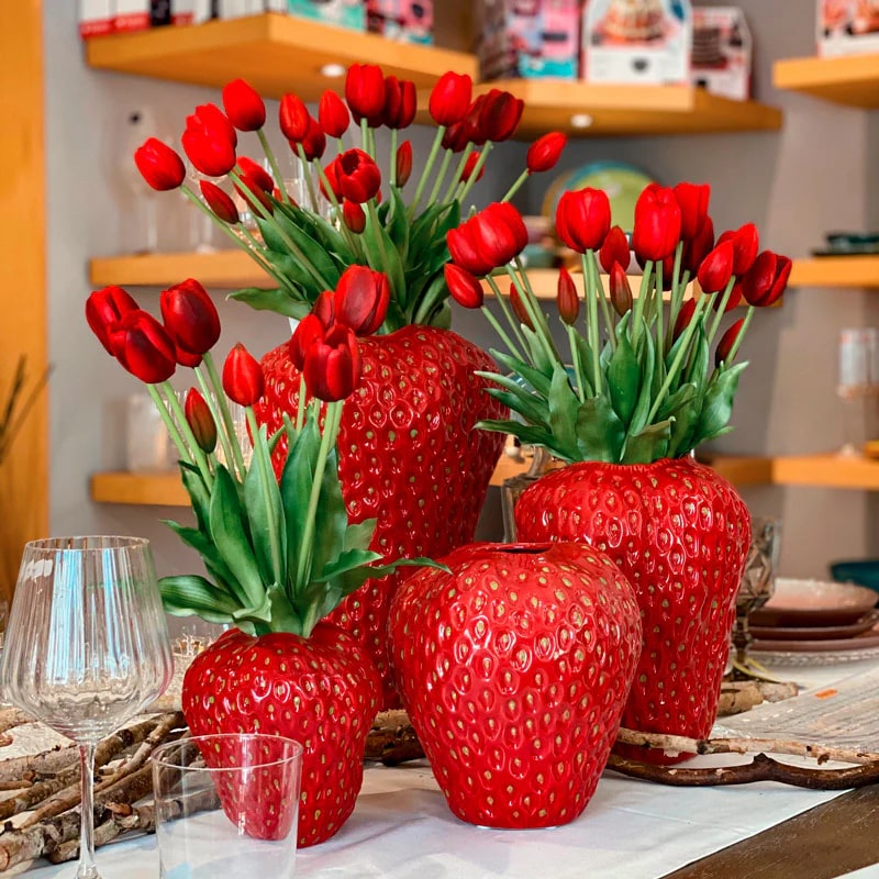 Bouquet EDG Enzo De Gasperi 5 Tulipes avec Feuilles H 40 Cm Rouge