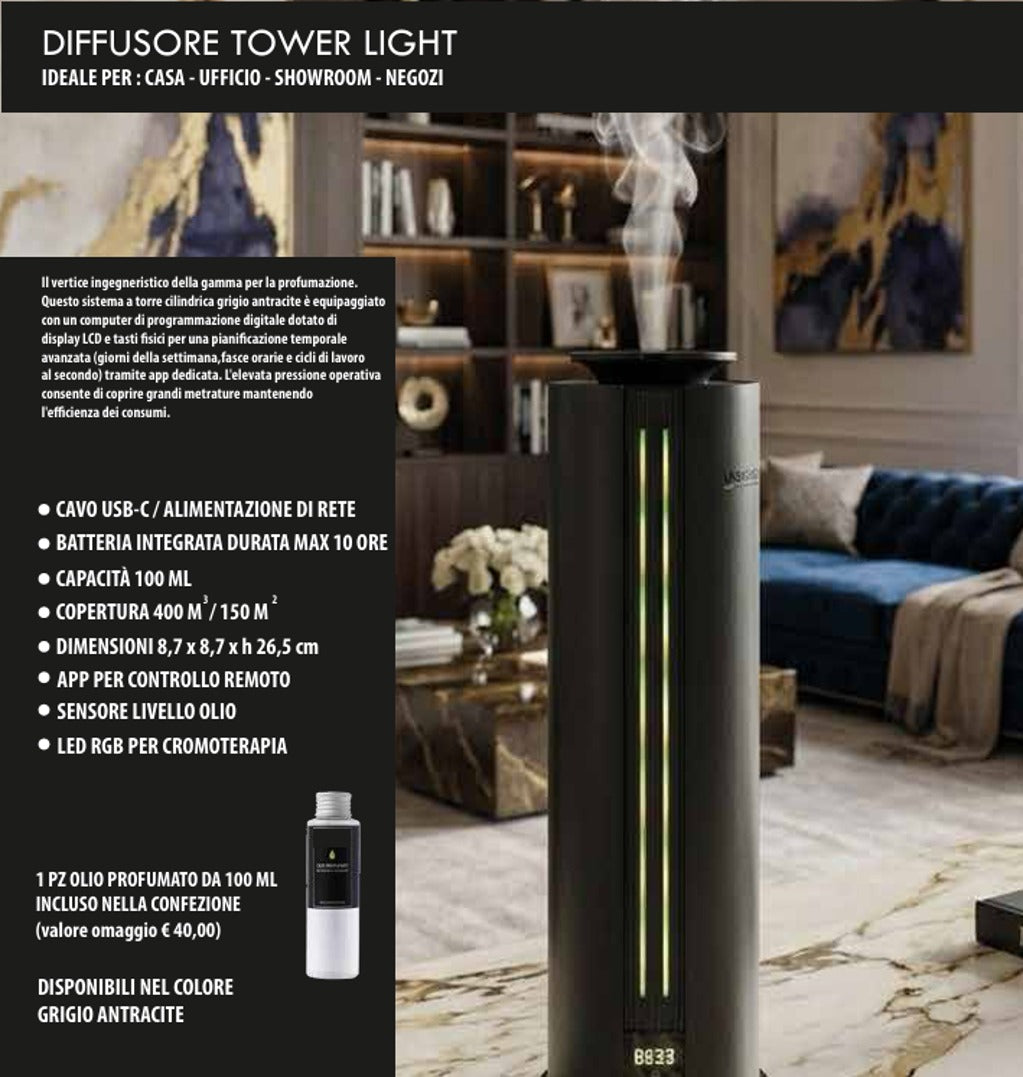 DESSENZE Diffuseur de Parfum Haute Pression Tower Light Gris Anthracite – Diffuseur d'Ambiance Baies Rouges