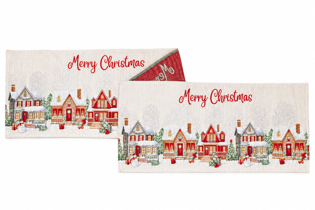 Bizzotto Runner Natalizio Village Blanc 183x33 cm – Centre de Table Décoratif pour la Table de Noël