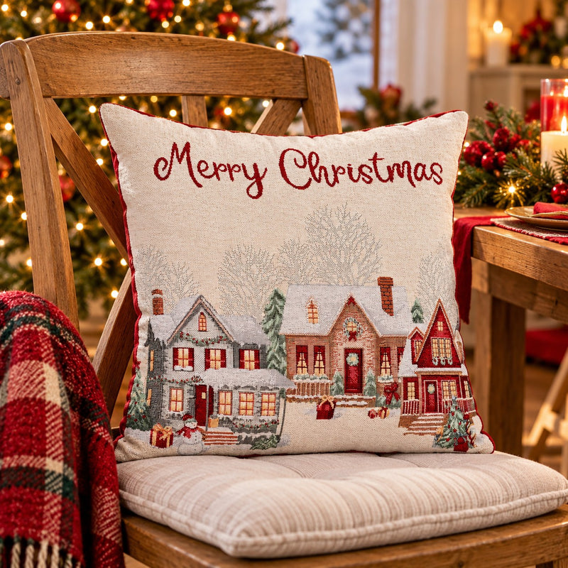 Bizzotto Housse de Coussin Noël Village Blanc 45x45 cm – Taie de Coussin Décorative pour Canapé et Décoration de Maison à Noël