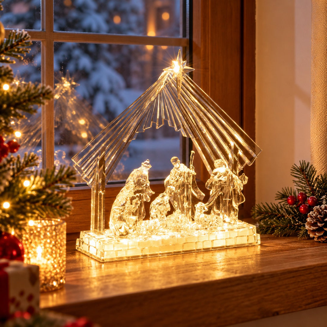 Bizzotto Natività Silky avec Crèche 8 Figurines H28,5 cm avec LED à Batterie – Crèche de Noël Lumineuse Décoration pour la Maison