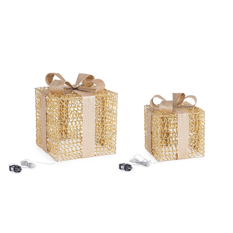 Bizzotto Set 2 Pacchi Regalo Zoe Oro con Micro LED Classic 30x30x36 e 40x40x47 cm Decorazioni Natalizie Luminose