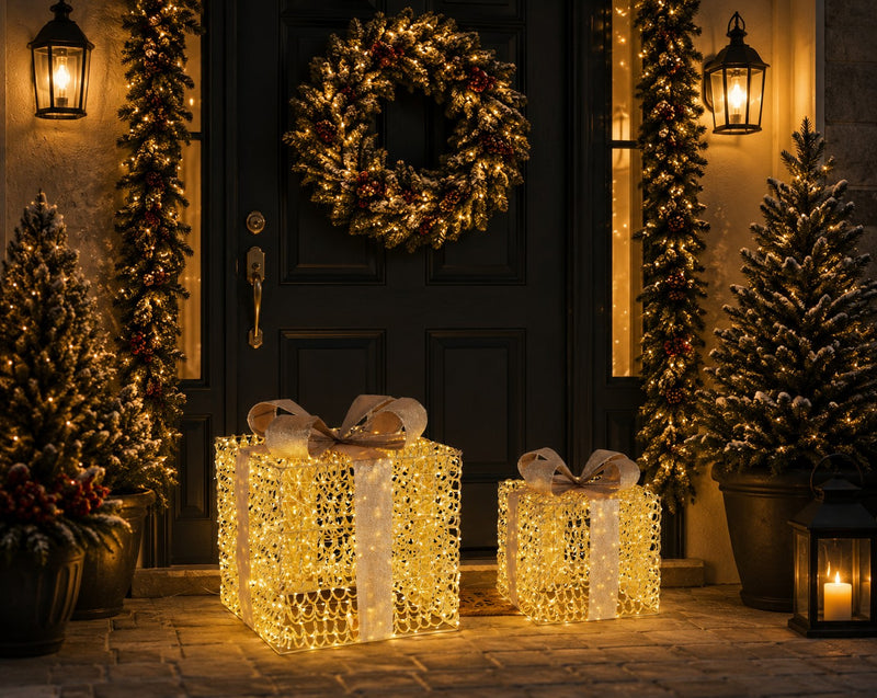 Bizzotto Set 2 Pacchi Regalo Zoe Oro con Micro LED Classic 30x30x36 e 40x40x47 cm Decorazioni Natalizie Luminose