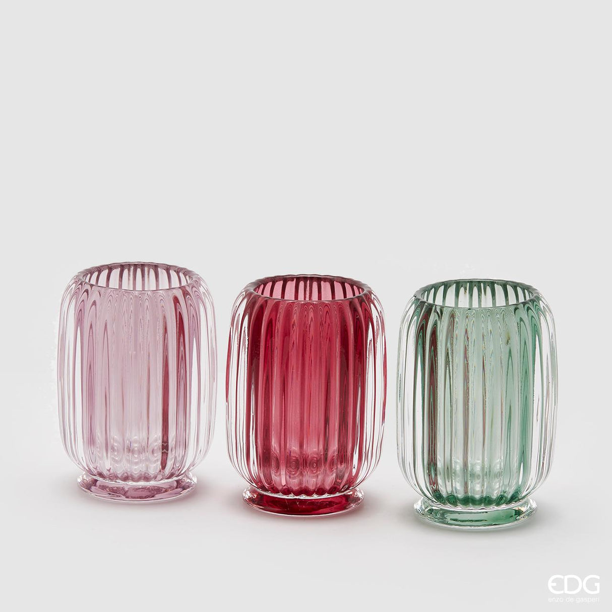 EDG Enzo De Gasperi Candle Holder Curved Stripes H12 D9 Green Pink 3 Pieces