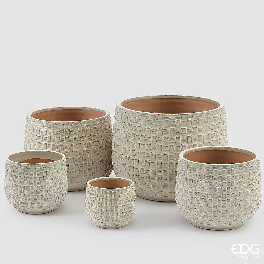 EDG Enzo De Gasperi Vase Cachepot Bombé à Carreaux Céramique Ivoire – Set 5 Pièces