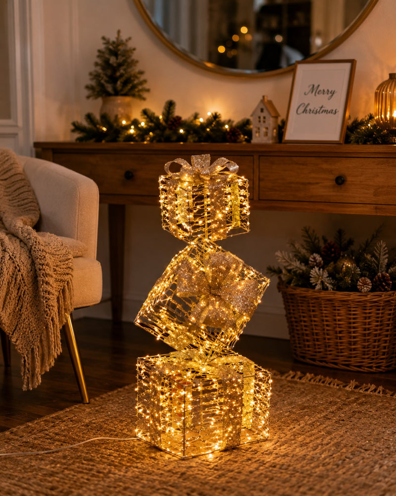 Ad Trend Torre Pacchi Regalo di Natale Oro 500 LED da Interno/Esterno 30x30x96 cm 1 Pz