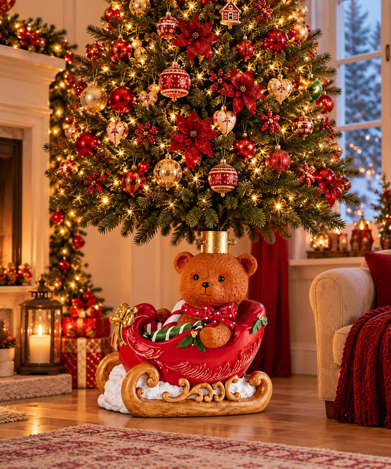 Ad Trend Base per Albero di Natale con Orso sulla Slitta e Luci LED 36x26xH41 cm – Decorazione Natalizia Luminosa