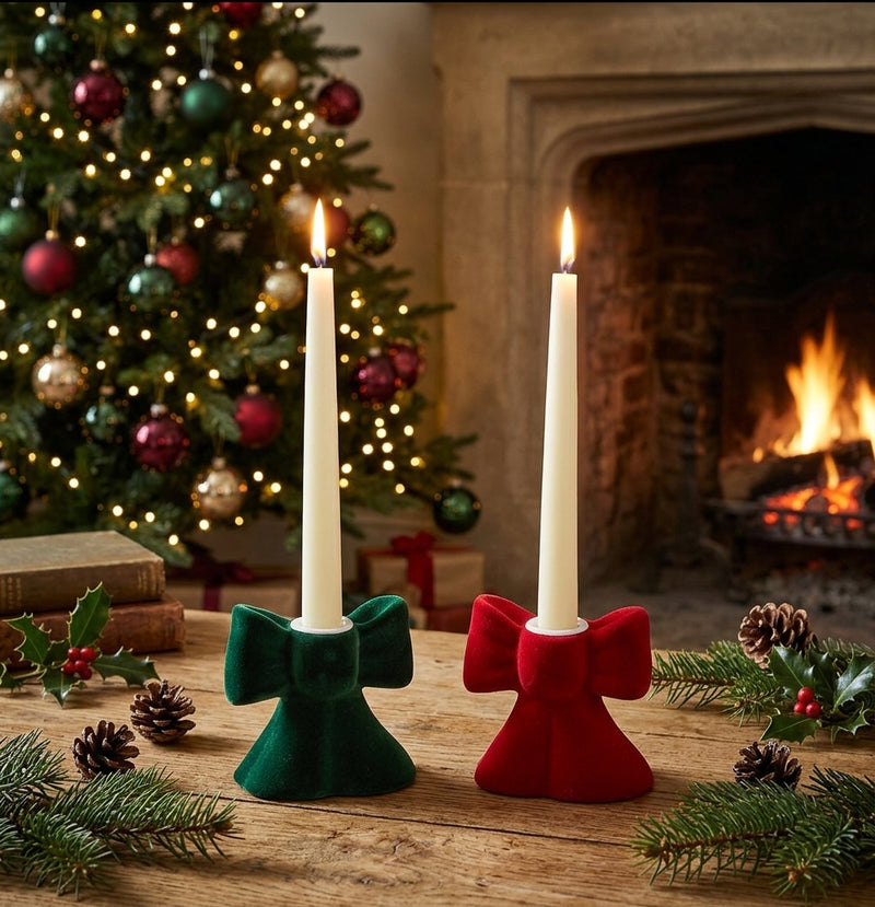 Ad Trend Porte-bougie Festif en Résine et Velours avec Nœud Assorti 9x4xH8 cm 1 Pcs – Décoration pour la Maison et la Table de Noël