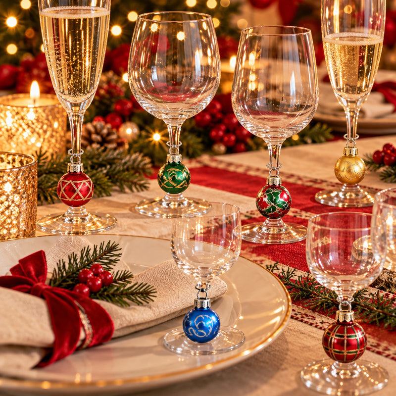 Ad Trend Set 6 Marque-Verres de Noël en Verre Forme Boule de Noël Assortis 1 Emballage – Accessoires Décoratifs pour la Table de Noël