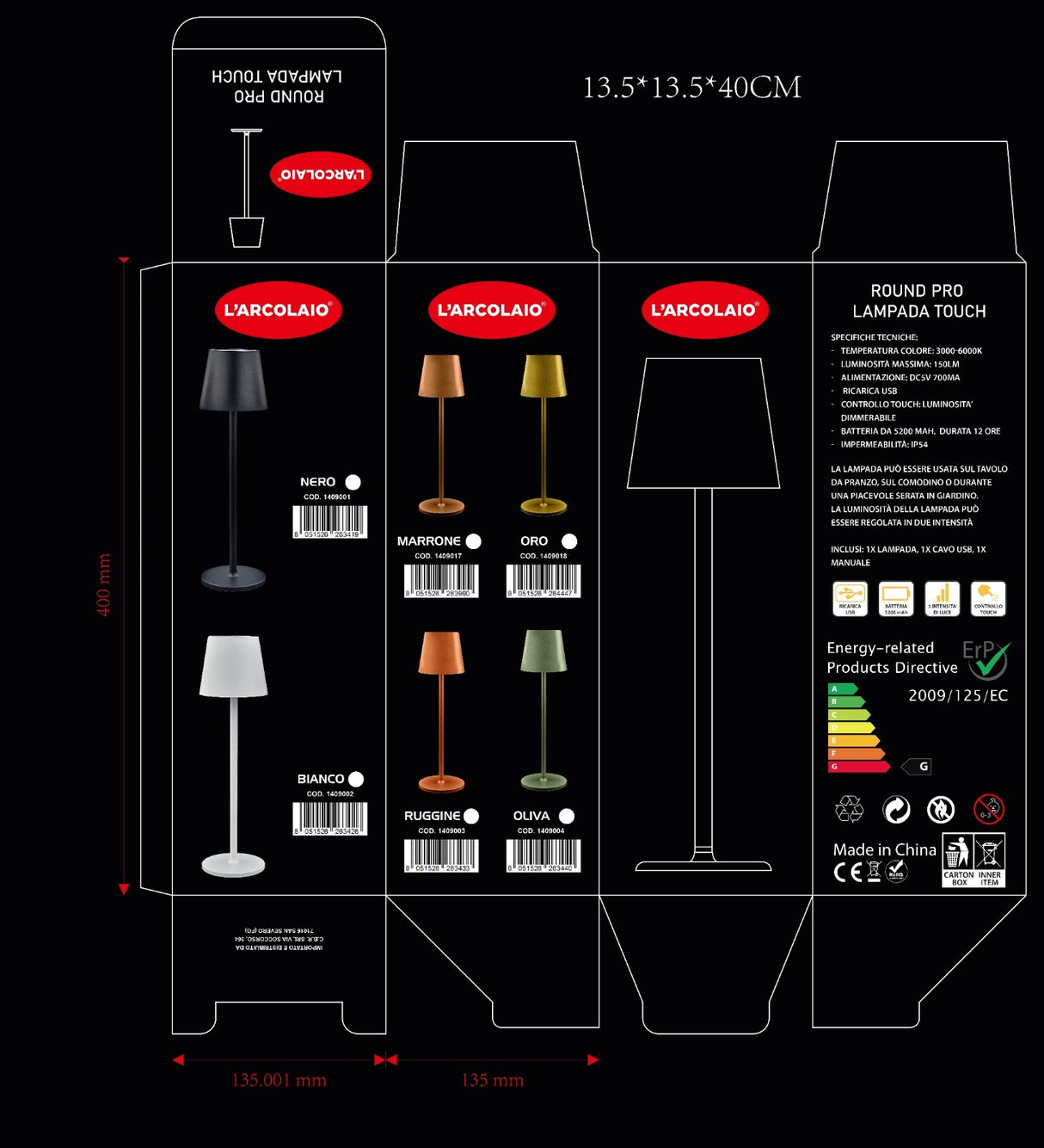 L'Arcolaio Lampe LED Tactile Rechargeable H 38 Cm 10 x 10 Cm IP54 Round Pro Olive