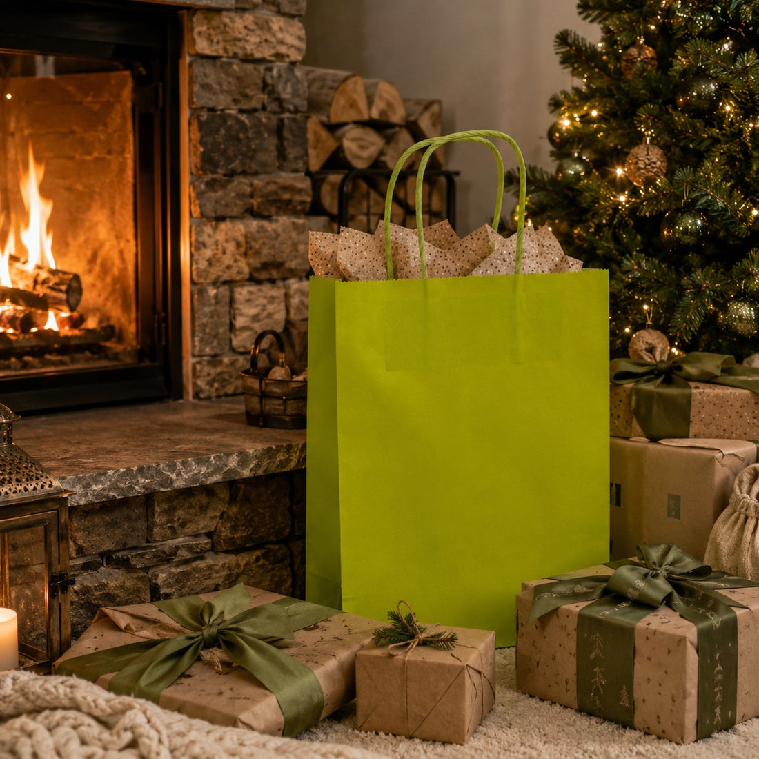 Le Sac Shopper L'Arcolaio Kraft Citron Vert Cadeaux de Noël 22X10X29 Lot 10 Pcs