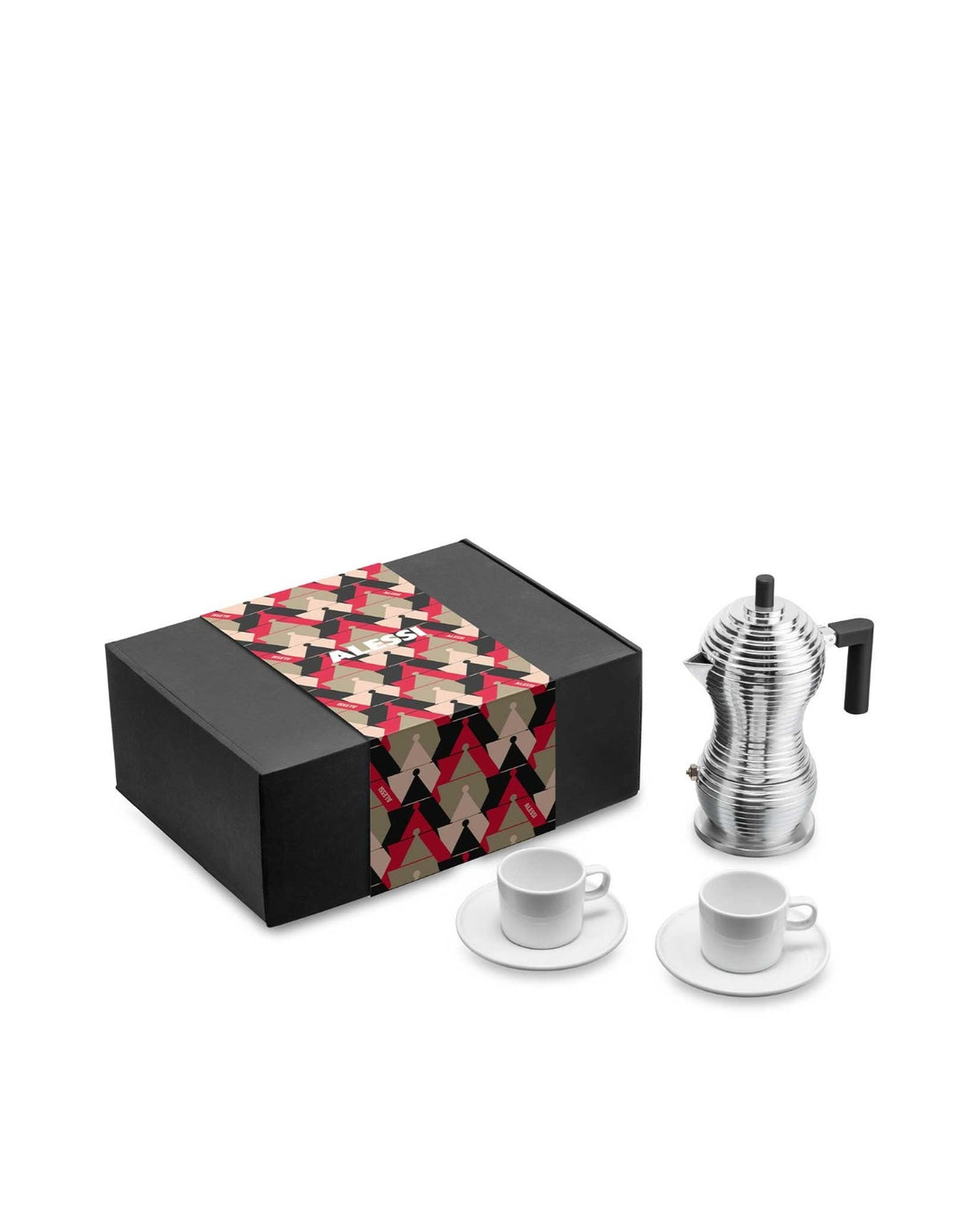 Coffret Alessi comprenant une cafetière Alessi & Coffee, deux tasses et soucoupes, et un coffret cadeau.