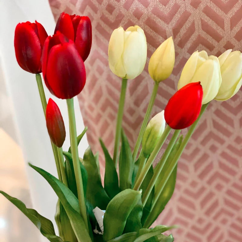 Bouquet EDG Enzo De Gasperi 5 Tulipes avec Feuilles H 40 Cm Rouge