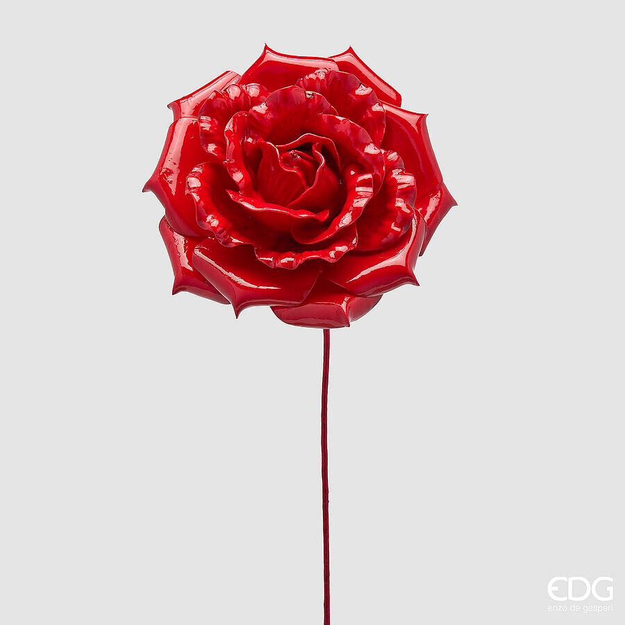 EDG Enzo De Gasperi Rosa Glossy su Ramo H60 cm Rossa – Fiore Decorativo Natalizio