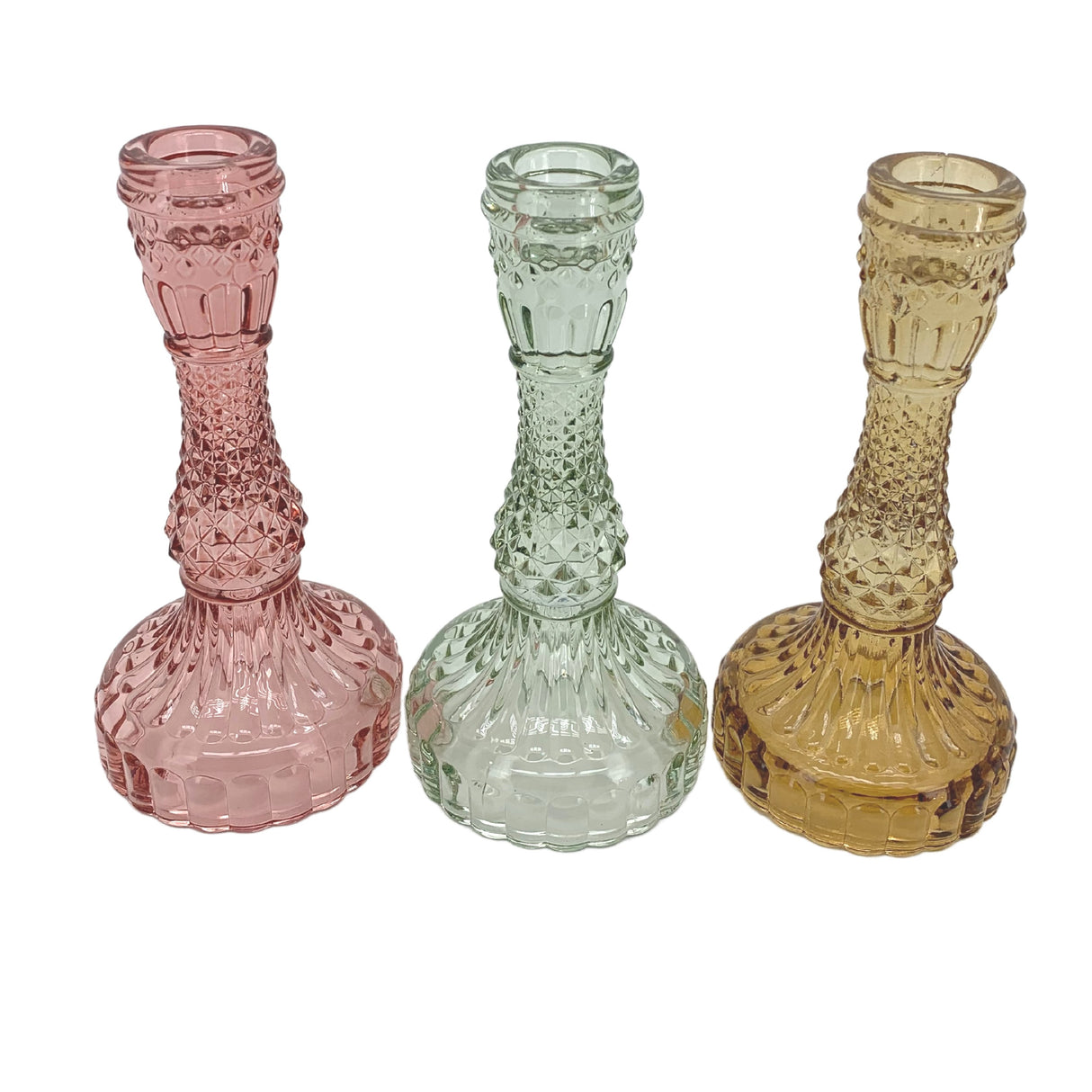 Bougeoir en verre et osier, diamètre 3 cm, hauteur 17 cm, rose, ambre, sauge, lot de 3 pièces