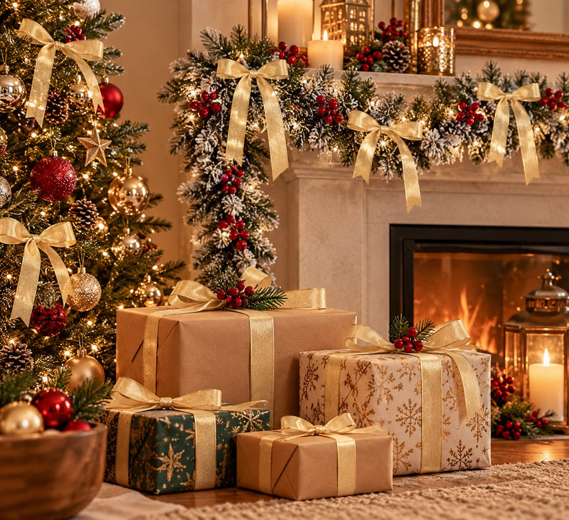 Piovaccari Ruban de Noël Frederik Crema Laminé 15 mm x 25 m – Ruban Décoratif pour Sapin de Noël, Nœuds et Emballages Cadeaux