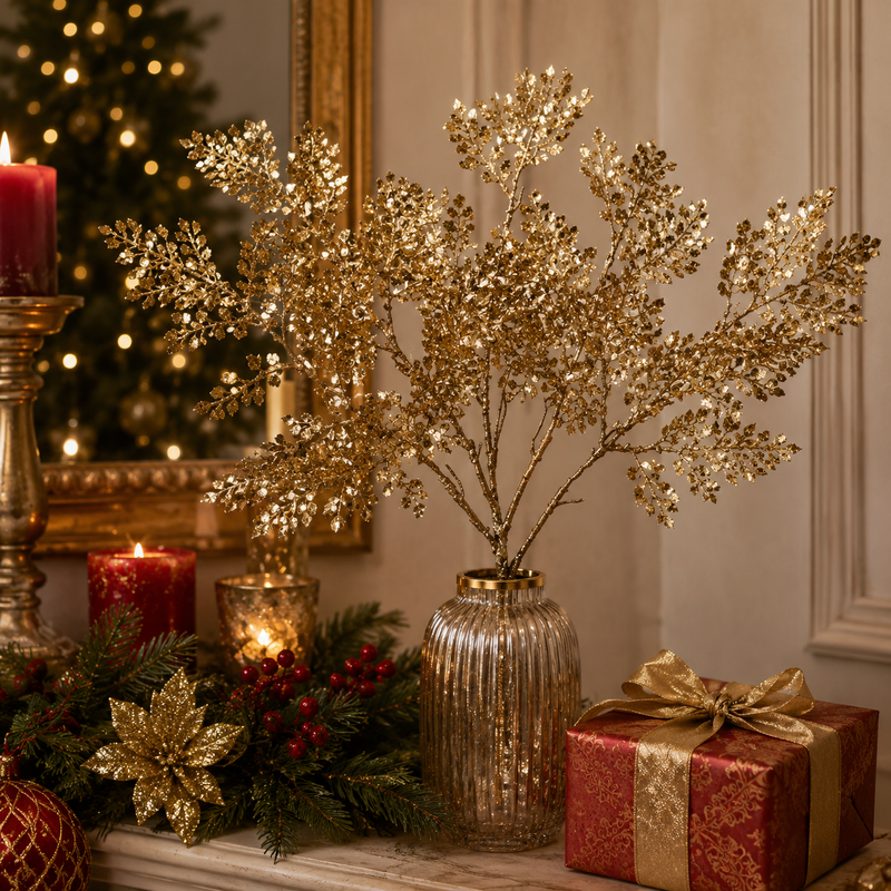 EDG Enzo De Gasperi Fougère Métallique de Noël avec Paillettes H 46 Cm Or 1 Pc