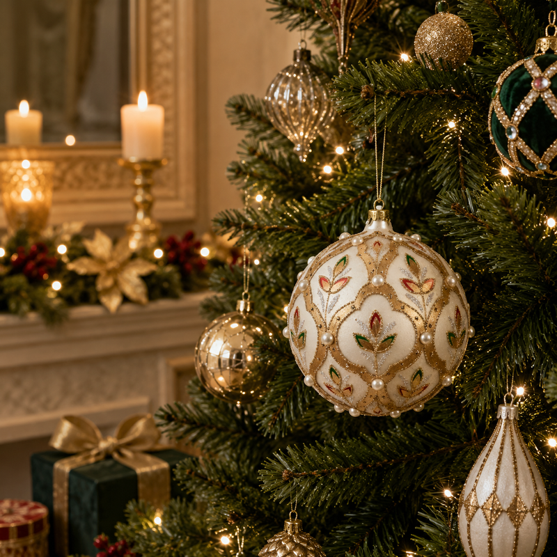 Décoration de Noël EDG Enzo De Gasperi Boule en verre Fleurs D 10 cm Or blanc 1 pièce