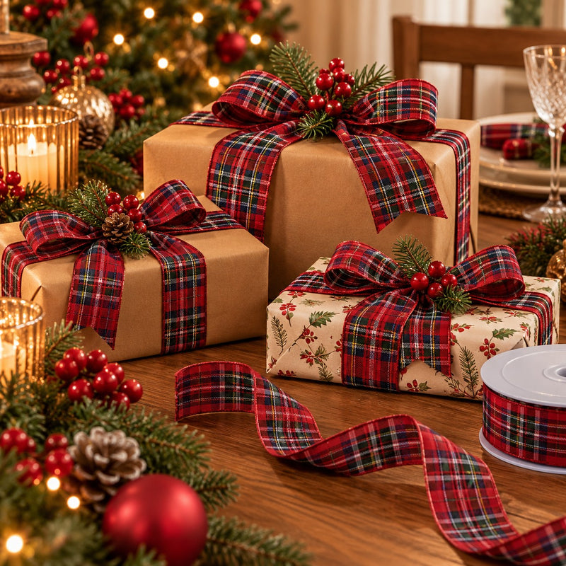 Piovaccari Ruban Noël Tartan Rouge 38 mm x 20 m – Ruban Écossais Décoratif pour Sapin de Noël, Nœuds et Paquets Cadeaux