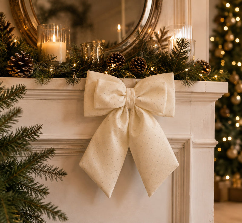 EDG Enzo De Gasperi Nœud de Noël en Velours Ivoire avec Paillettes H40 cm – Décoration de Noël