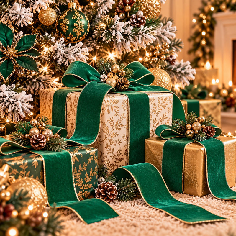 EDG Enzo De Gasperi Nastro in Velluto Green Gold 8,9 cm x 10 m – Decorazione di Natale