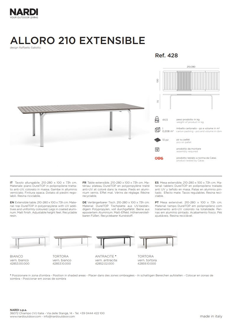 nardi nardi tavolo alloro 210 extensible 210 280 x 100 cm h 73 cm bianco ean 8010352828506