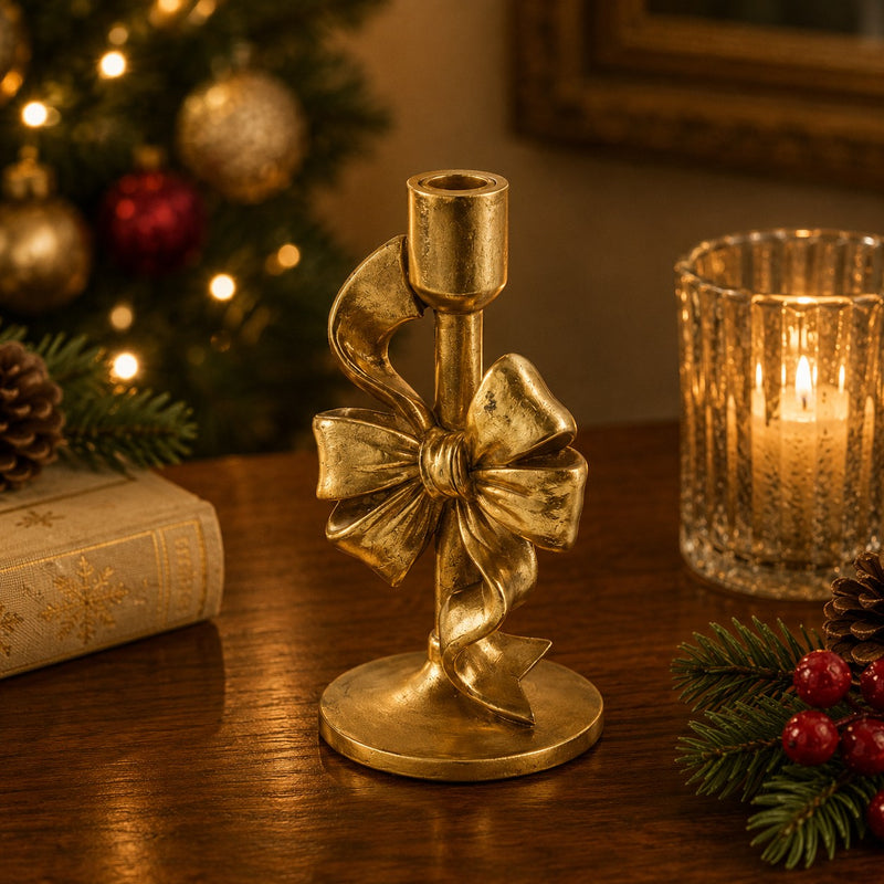 EDG Enzo De Gasperi Porte-bougie Noël avec Nœud H22x11x11 cm Or Foncé – Décoration de Noël
