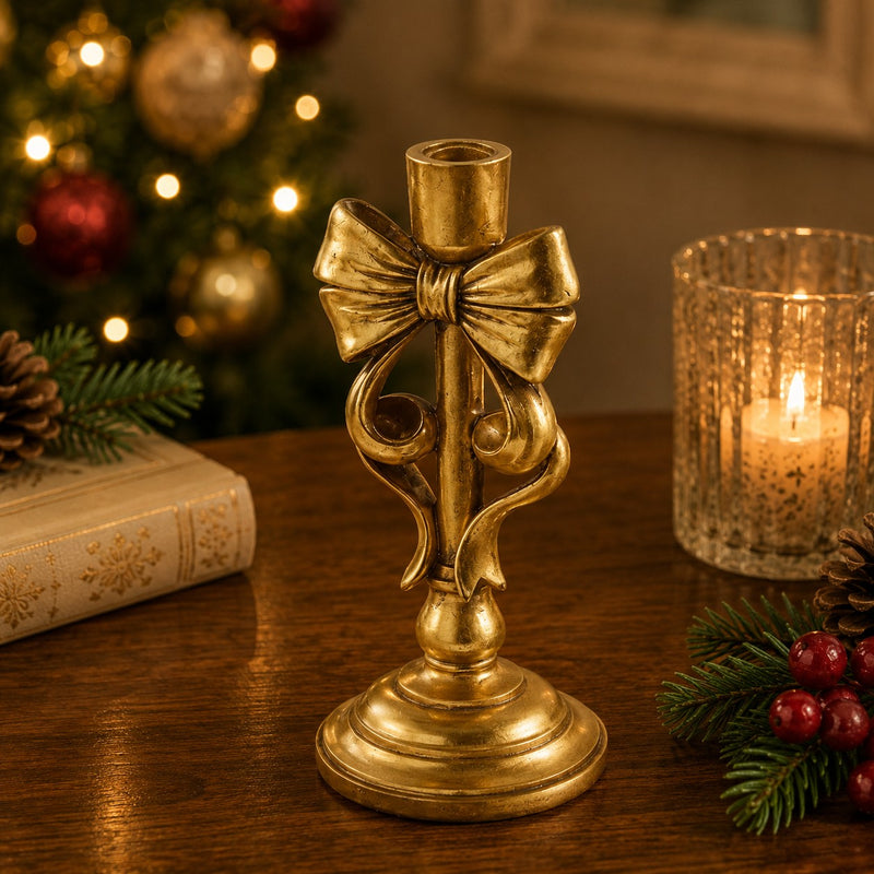 EDG Enzo De Gasperi Porte-bougie Noël avec Nœud H24x11,5x11,5 cm Or Foncé – Décoration de Noël