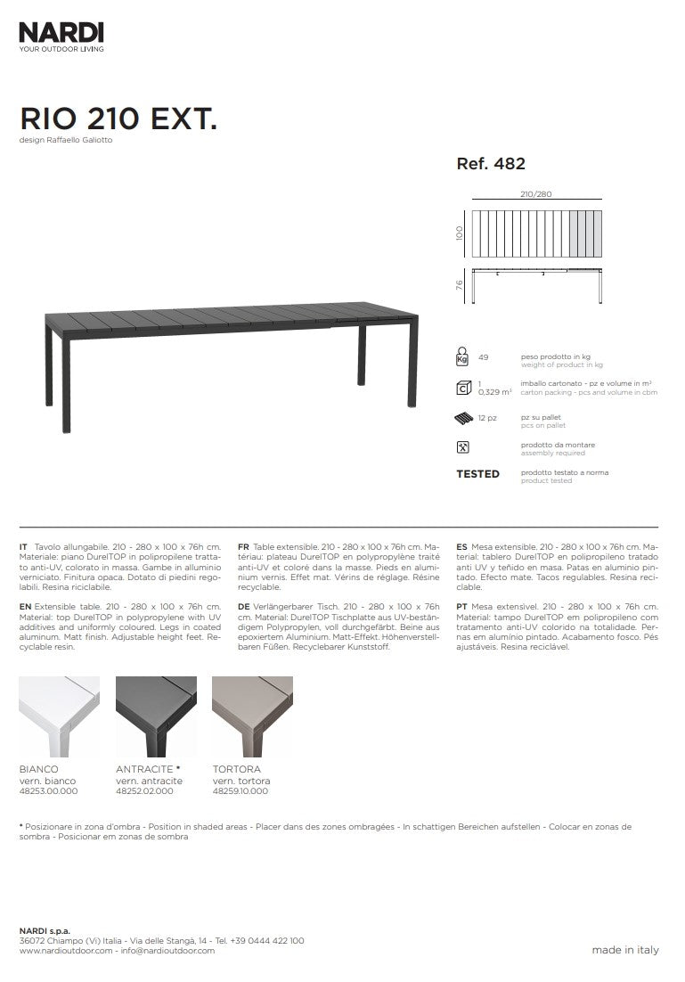 nardi nardi tavolo rio 210 extensible 210 280 x 100 cm h 76 cm alluminio tortora ean 8010352828612