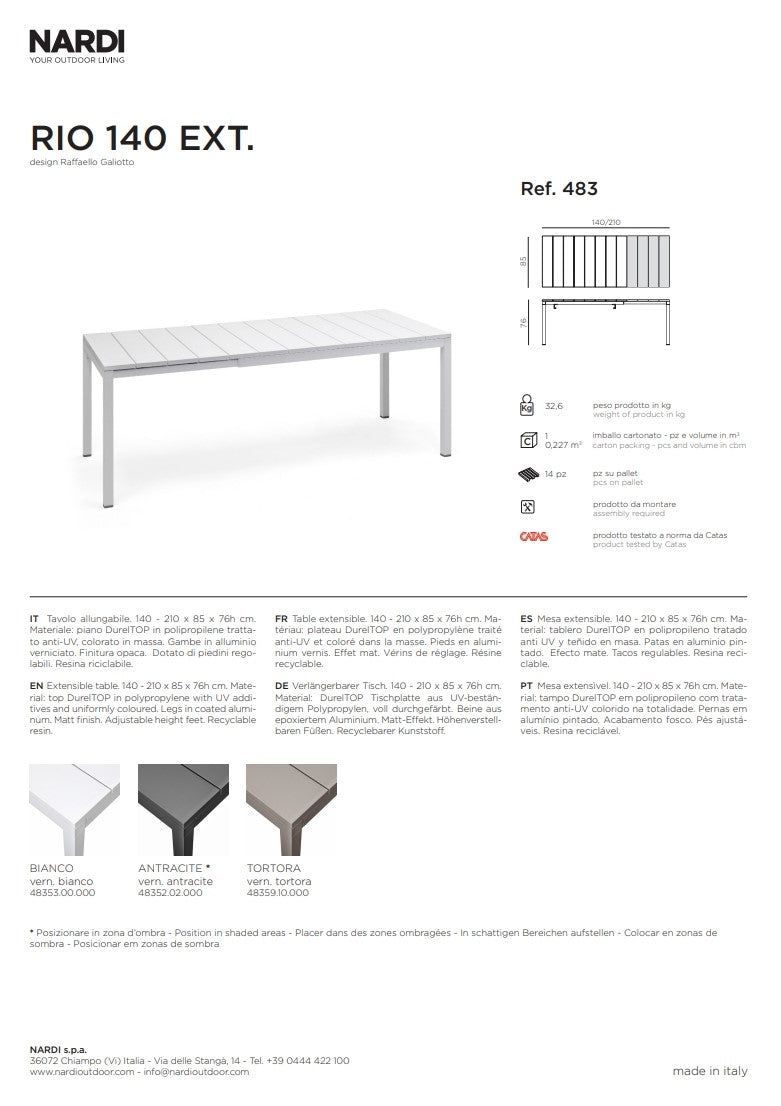 nardi nardi tavolo rio 140 extensible 140 210 x 85 cm h 76 cm alluminio tortora ean 8010352828650