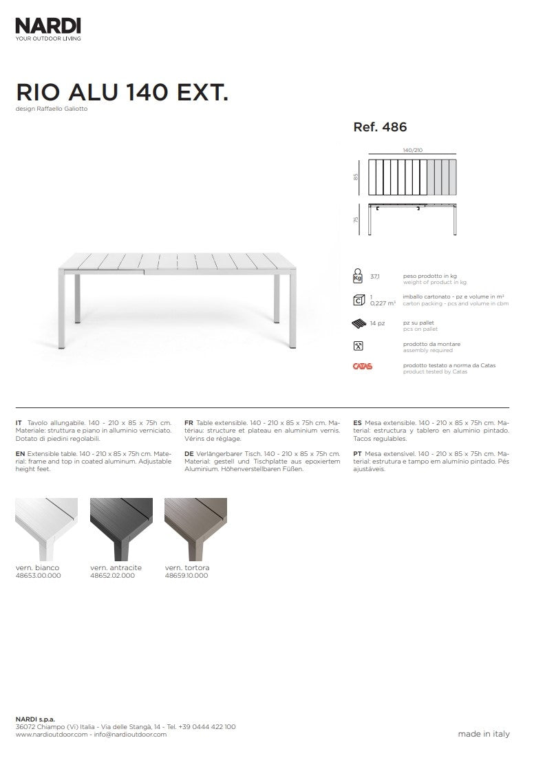 nardi nardi tavolo rio alluminio 140 extensible 140 210 x 85 cm h 75 cm antracite ean 8010352832862