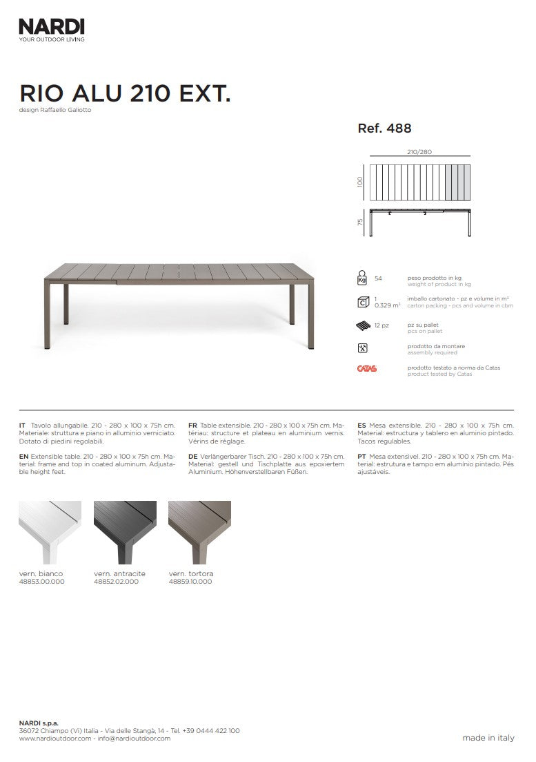 nardi nardi tavolo rio alluminio 210 extensible 210 280 x 100 cm h 75 cm tortora ean 8010352833241