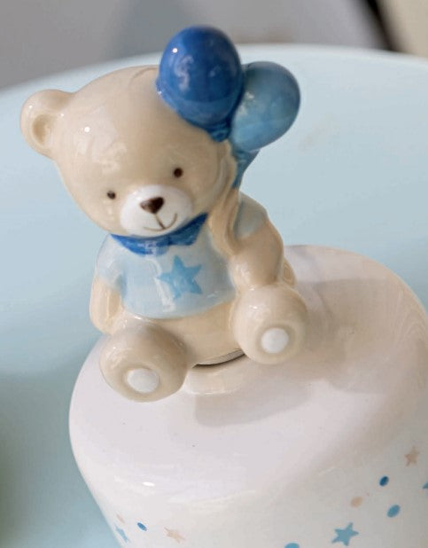 Boîte à musique ours en peluche Cupido&Co. avec ballons bleus H 125 cm avec boîte