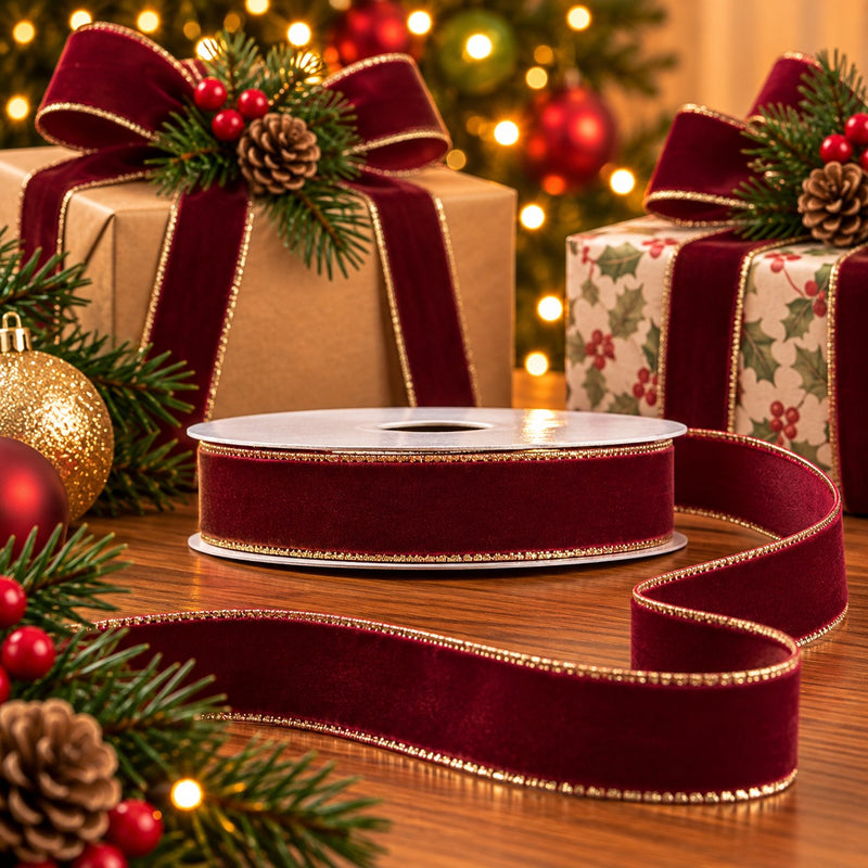 Piovaccari Ruban Velvet Dream Bordeaux 9 mm x 20 m – Ruban en Velours Décoratif pour Nœuds, Emballages Cadeaux, Décoration de Noël et DIY
