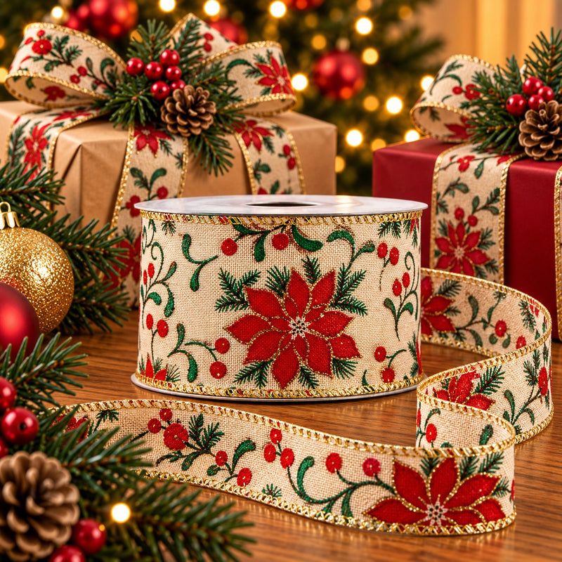 Piovaccari Ruban de Noël Christmas Star 63 mm x 10 m – Ruban Décoratif avec Étoiles pour Sapin de Noël, Nœuds et Emballages Cadeaux