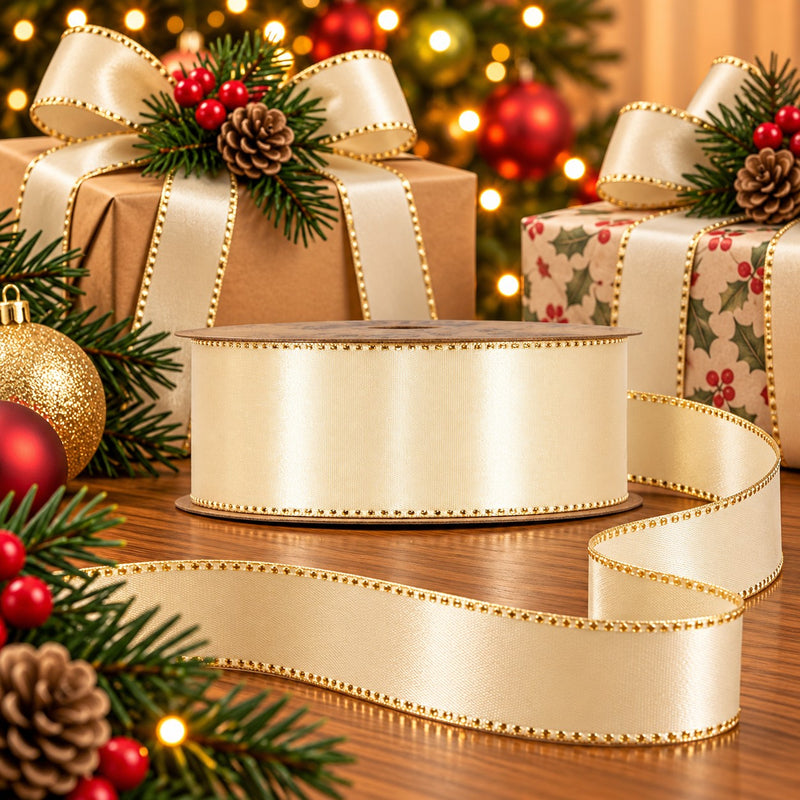 Piovaccari Ruban Satinée Cream 40 mm x 20 m – Ruban Satinė Couleur Crème pour Nœuds, Emballages Cadeaux et Décoration de Noël