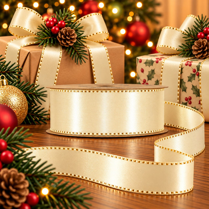 Piovaccari Nastro Satinée Cream 25 mm x 20 m – Ruban Satiné Couleur Crème pour Nœuds, Emballages Cadeaux et Décorationsde Noël