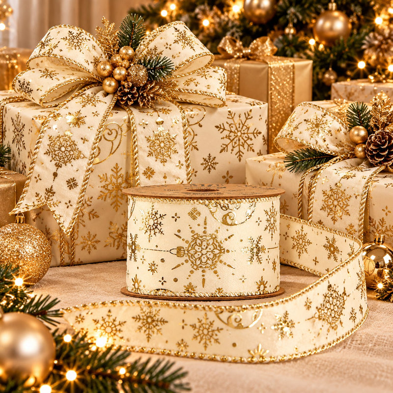 Piovaccari Ruban de Noël Gold Baubles 63 mm x 10 m – Ruban Décoratif à Boules de Noël Dorées pour Sapin, Nœuds et Emballages Cadeaux