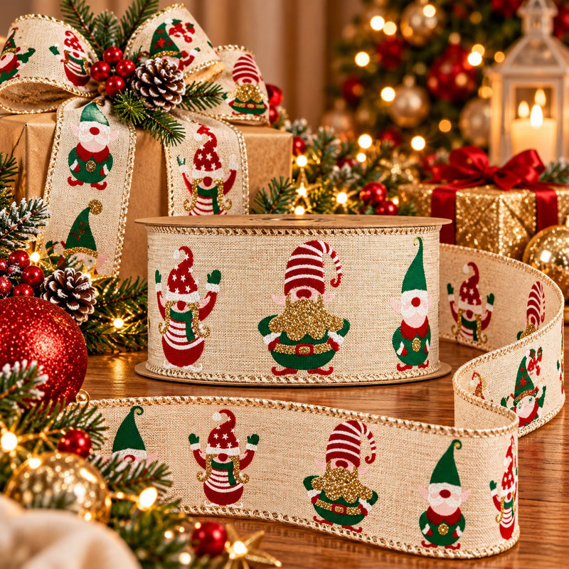 Piovaccari Ruban de Noël Elfs 63 mm x 10 m – Ruban décoratif à motif d'elfes de Noël pour sapin, nœuds et emballages cadeaux