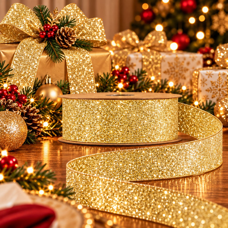 Piovaccari Ruban Desirée Glitter Or 40 mm x 10 m – Ruban de Noël Pailleté pour Sapin de Noël, Nœuds et Emballages Cadeaux
