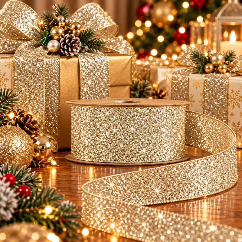 Piovaccari Ruban Desirée Champagne 40 mm x 10 m – Ruban décoratif de Noël pour sapin de Noël, nœuds et emballages cadeaux