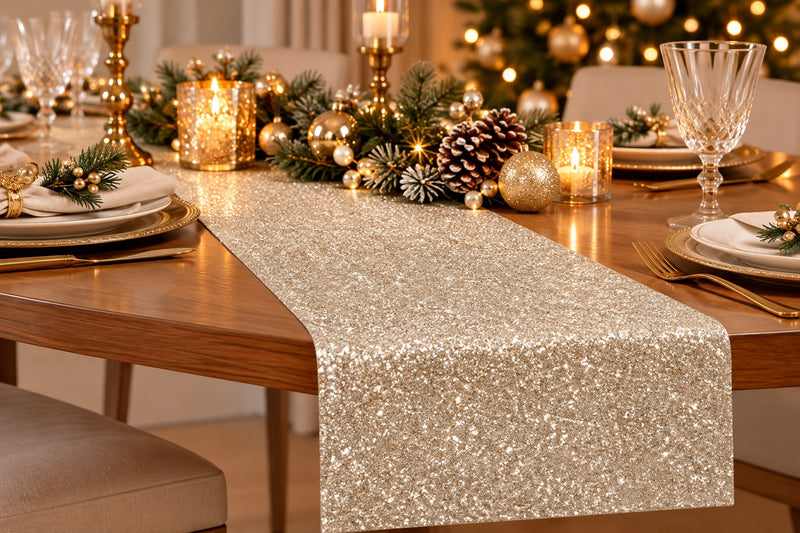Piovaccari Chemin de table Desirée Champagne 28 cm x 2,5 m – Chemin de table décoratif de Noël pour table, centre de table et décorations de Noël