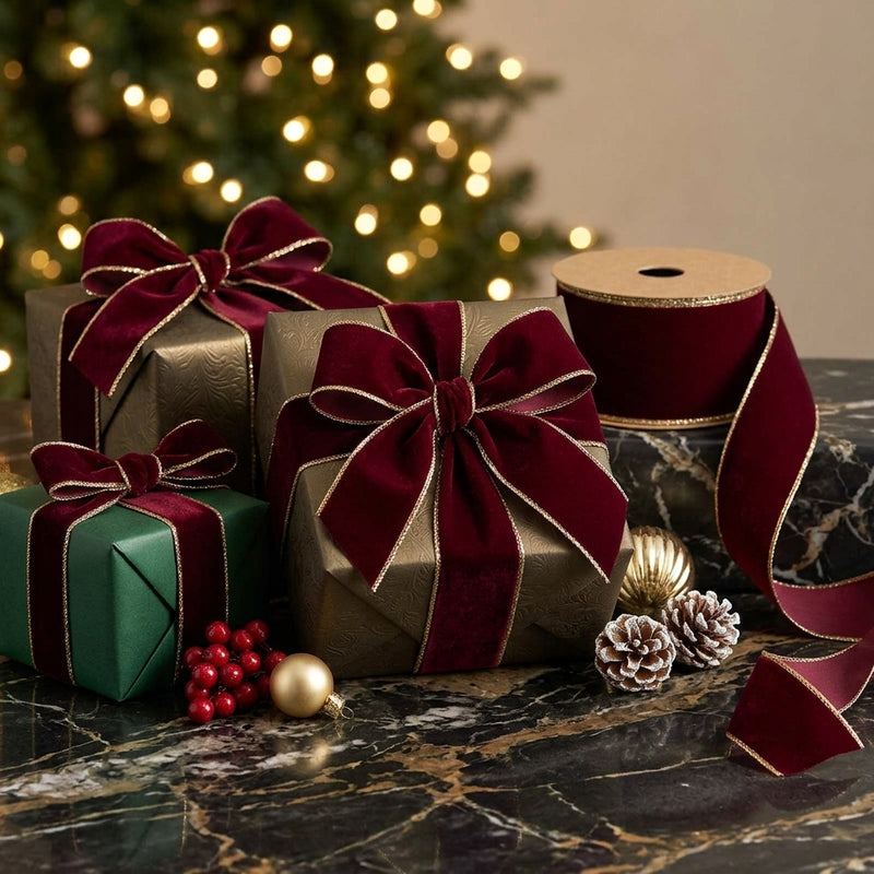 Piovaccari Ruban Double Sides Velvet & Glitter Rouge Foncé 63 mm x 10 m – Ruban de Noël en Velours et Paillettes pour Sapin de Noël, Nœuds et Emballages Cadeaux