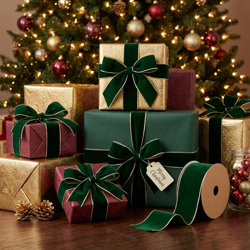 Piovaccari Ruban Double Sides Velvet & Glitter Vert Foncé 100 mm x 10 m – Ruban de Noël en Velours et Paillettes pour Sapin de Noël, Nœuds et Emballages Cadeaux