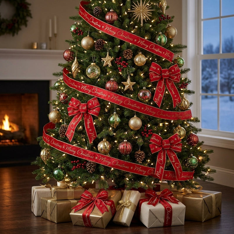 Piovaccari Ruban Merry Christmas 63 mm x 10 m – Ruban décoratif de Noël avec inscription Merry Christmas pour sapin de Noël, nœuds et emballages cadeaux