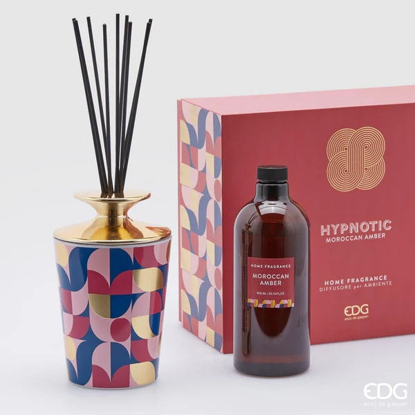 Désodorisant pour la maison EDG Enzo De Gasperi Enzo de Gasperi avec bâtonnets, bouteille en céramique brillante Hypnotic Midnight Garden 900 ml 4 variantes Ambre marocain