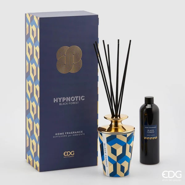 Désodorisant pour la maison EDG Enzo De Gasperi Enzo de Gasperi avec bâtonnets, bouteille en céramique brillante Hypnotic Midnight Garden 400 ml 4 variantes Forêt-Noire