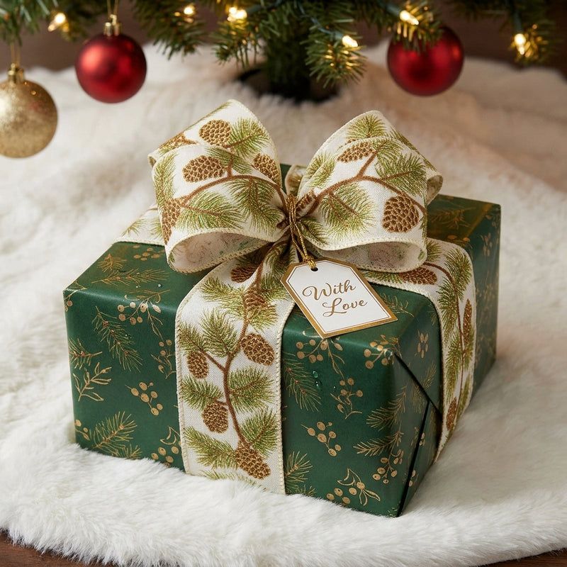 Piovaccari Ruban Pigne 63 mm x 10 m – Ruban Décoratif de Noël à Motif Pommes de Pin pour Sapin de Noël, Nœuds et Emballages Cadeaux